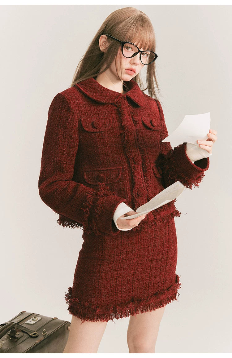 Round Collar Tweed Jacket & A-Line Tweed Skirt Setup