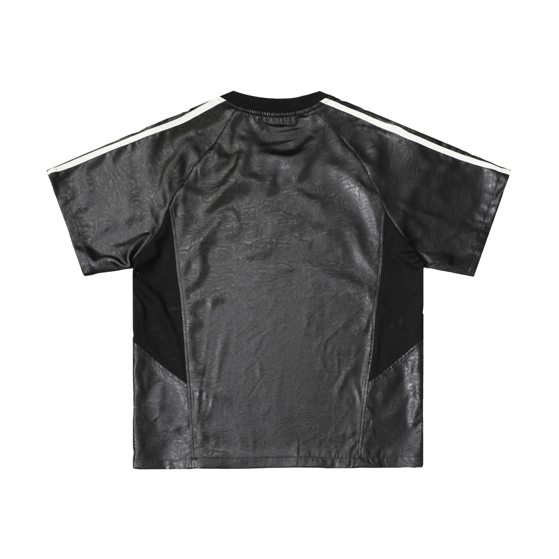Chest Emblem PU Leather Stitching V-Neck Oversize Short Sleeve T-Shirt