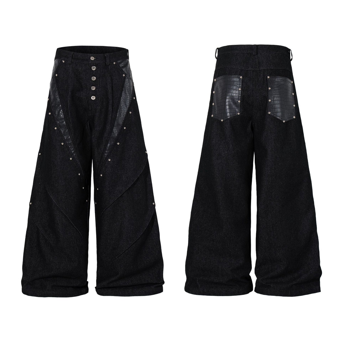 Studs PU Leather Panel Wide Leg Denim Jeans