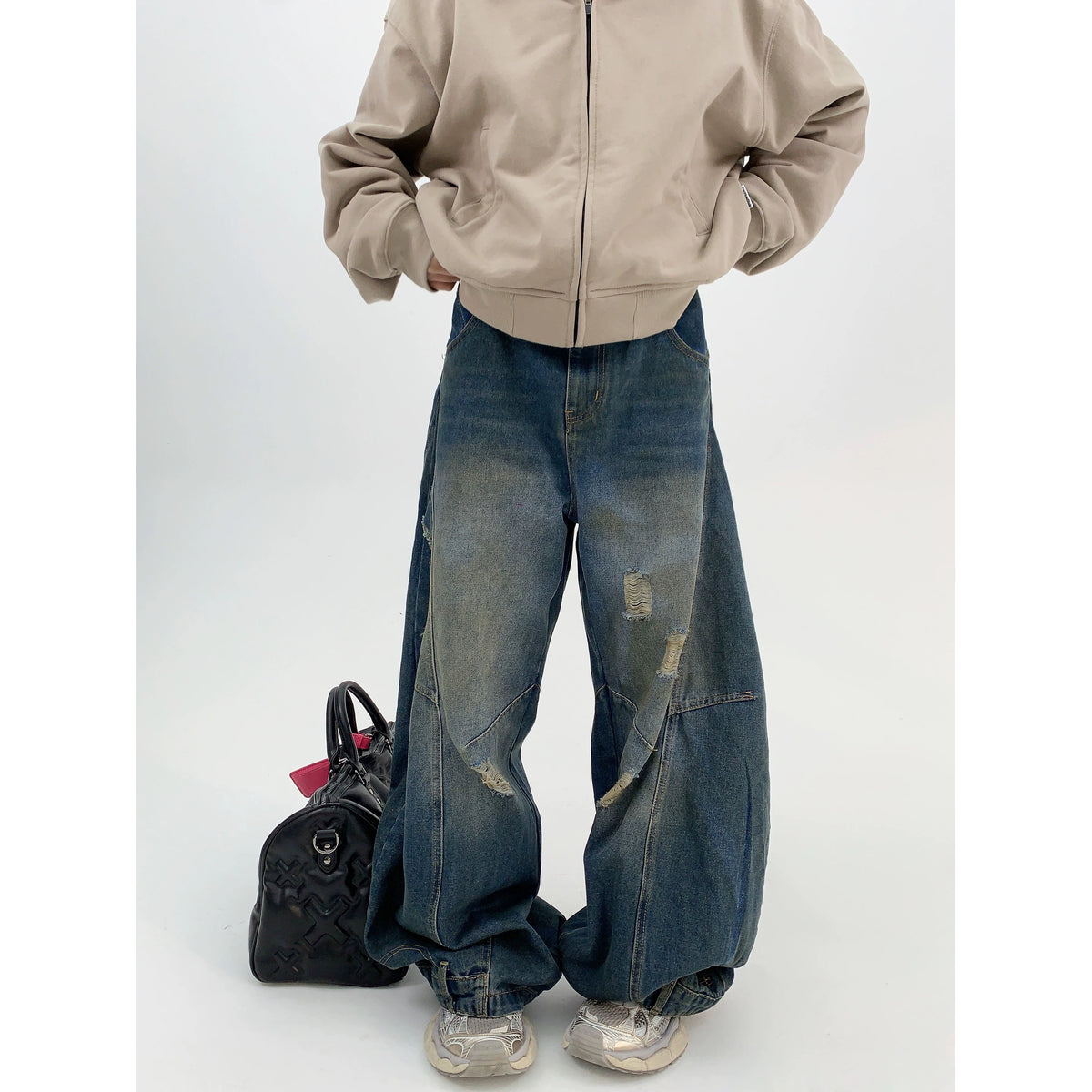 Washed Damaged Wide Leg Denim Jeans