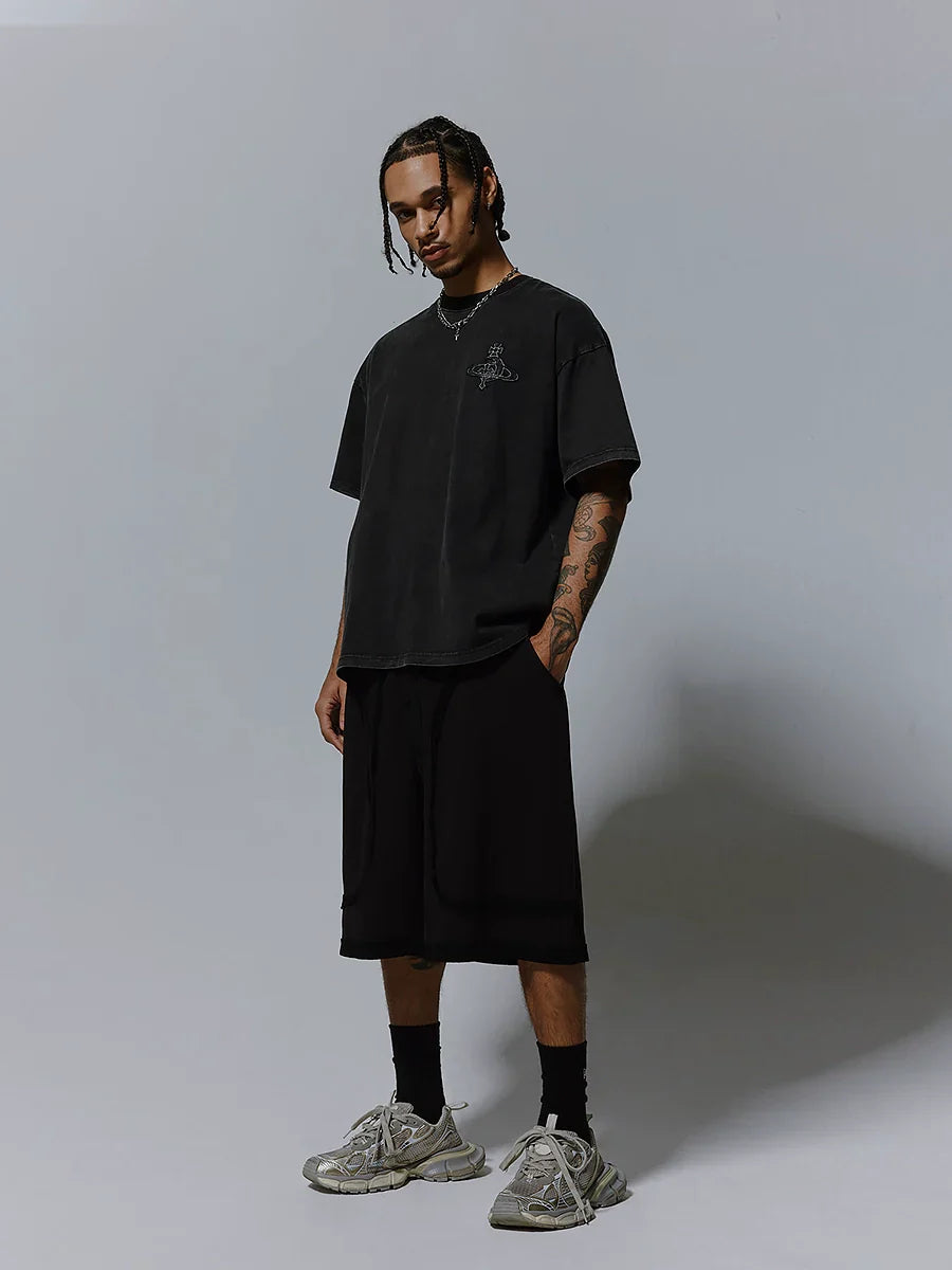 Washed Deconstructed Patchwork Wide Leg Short