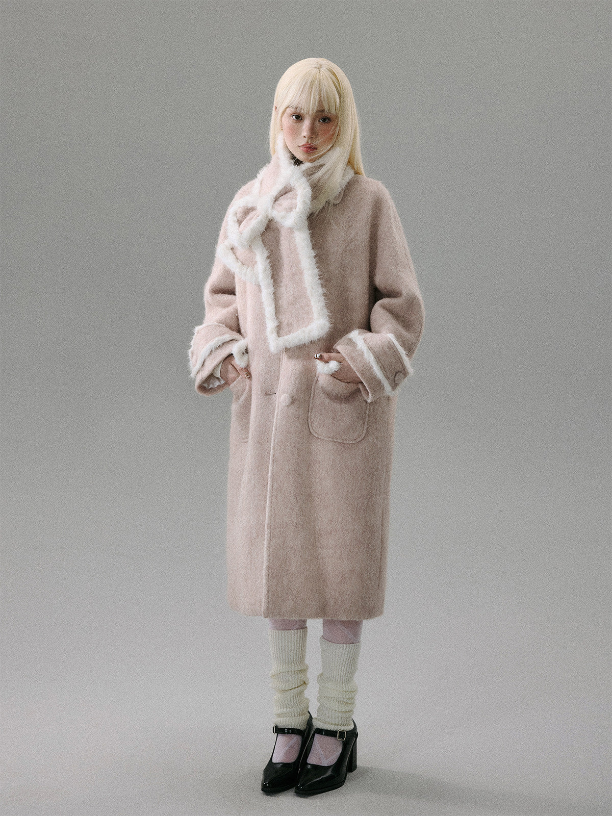 Cherry Blossom Tweed Water Ripple Bow Detachable Scarf Coat
