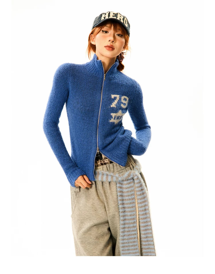 Number Patch Knit Zipper Stand Neck Cardigan