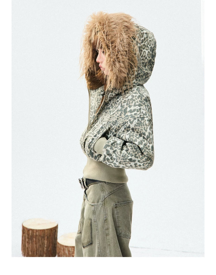 Leopard Print Fur-Trim Hood Puffer Jacket