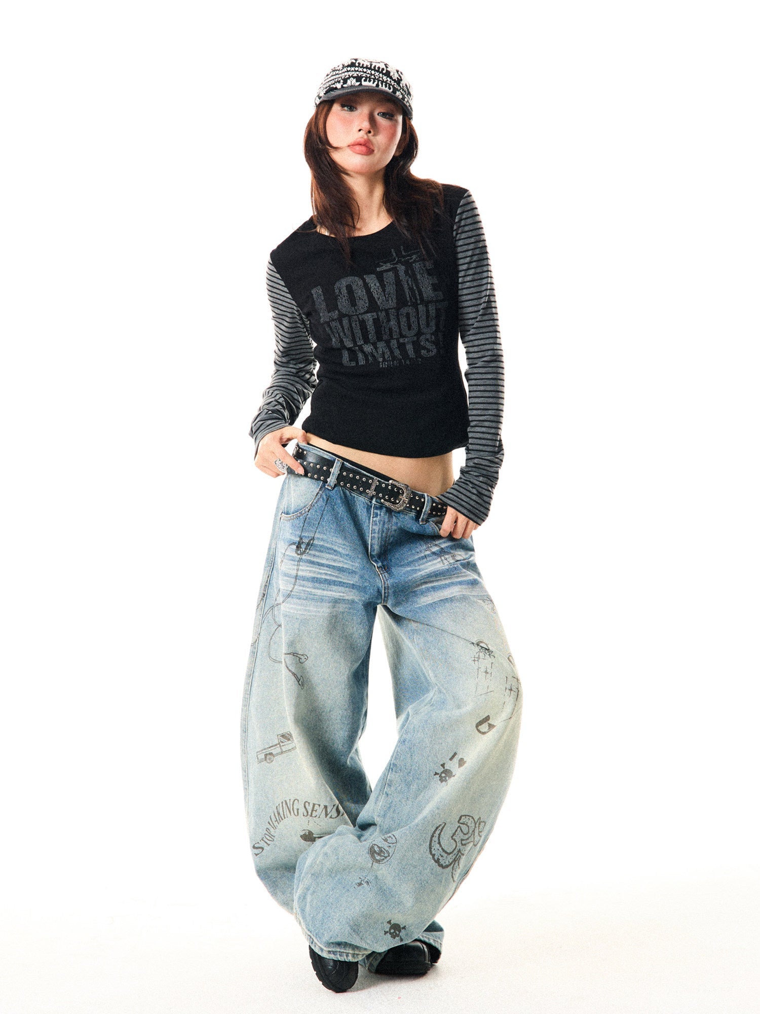 Washed Graffiti Print Wide Leg Denim Jeans
