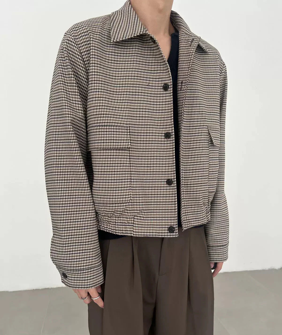 Plaid Shoulder-Pad Long Sleeve Shirt