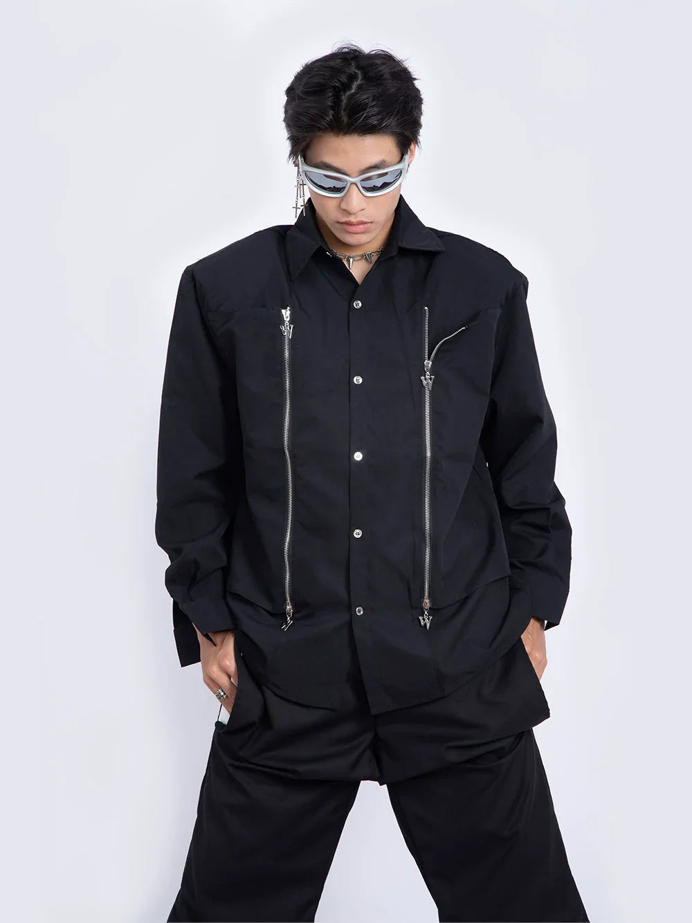 Double Zipper Shoulder Pad Long Sleeve Shirt