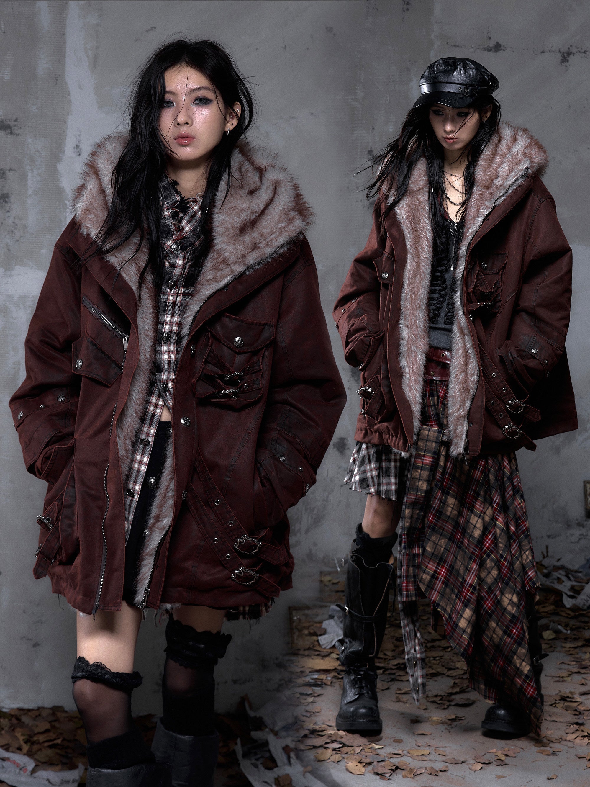 Fake Fur Hooded Multi-Pocket Buckle Detail Jacket