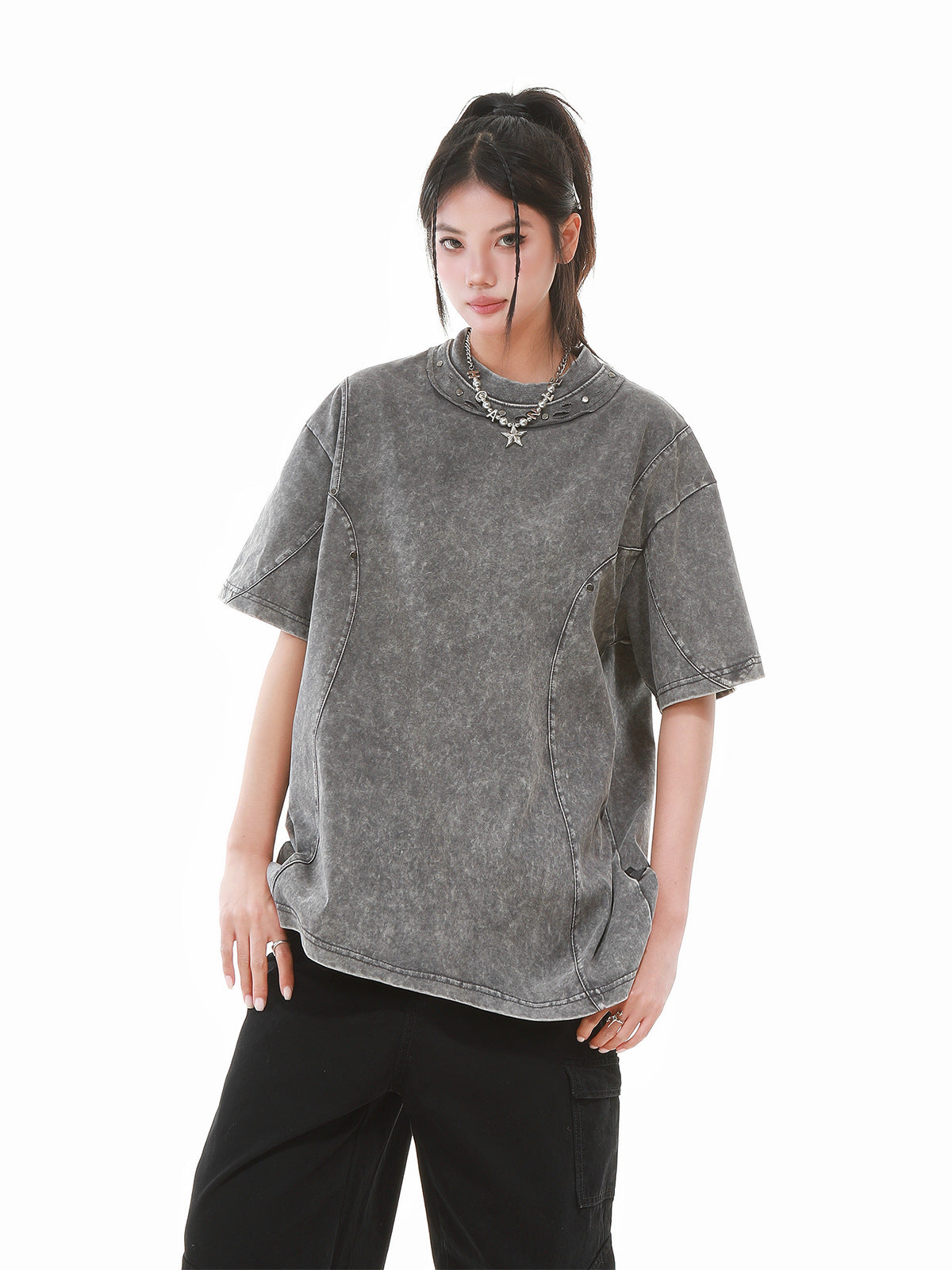 Heavy Washed Fade Stitching Short Sleeve T-Shirt