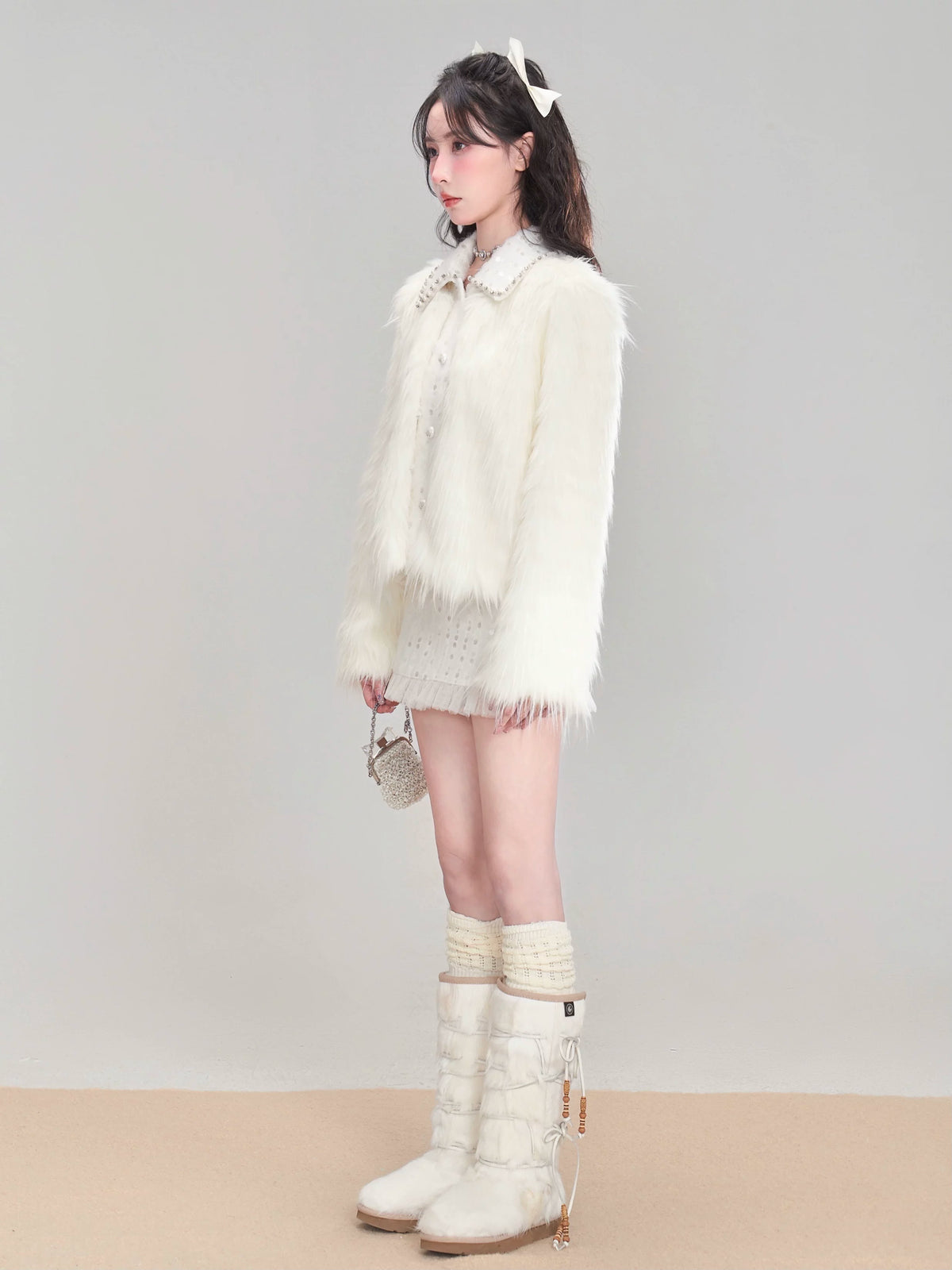 Eco Fur Warm Jacket & Short Skirt & Long Skirt Setup