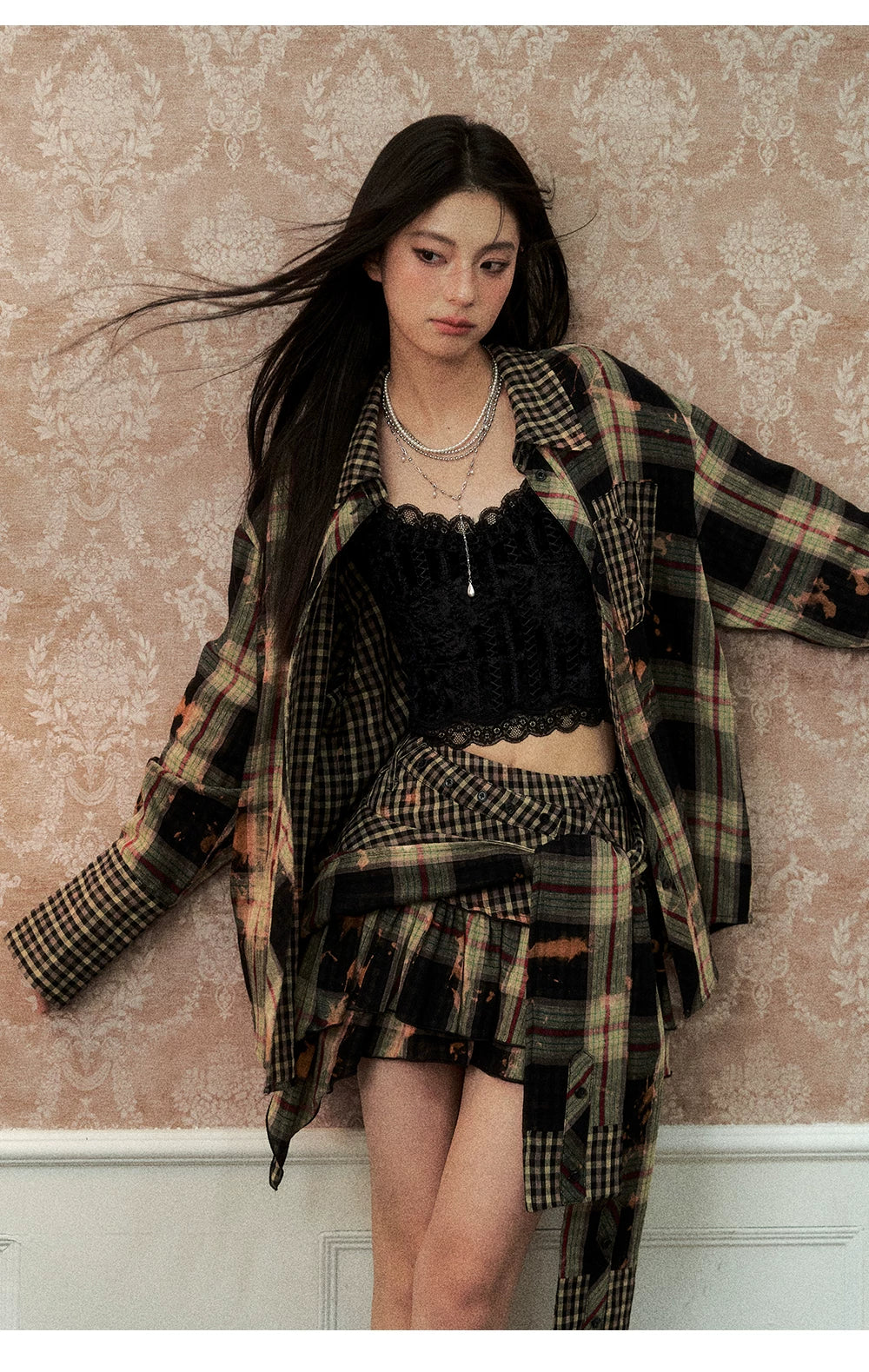 Oversize Plaid Long Sleeve Shirt & Short Skirt & Scarf Setup