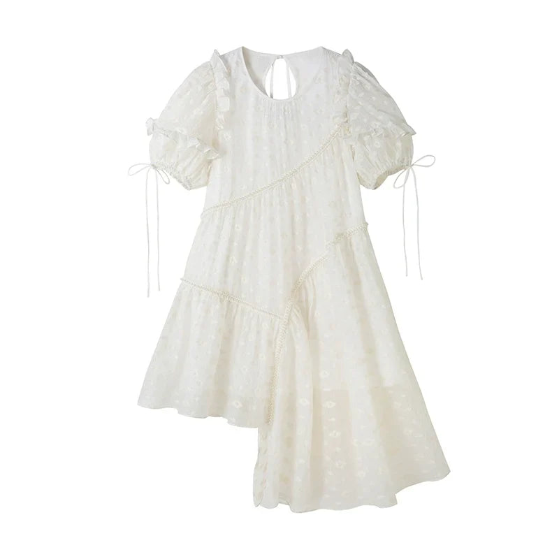 Jacquard Design Short Sleeve Dress With Irregular Hem Length