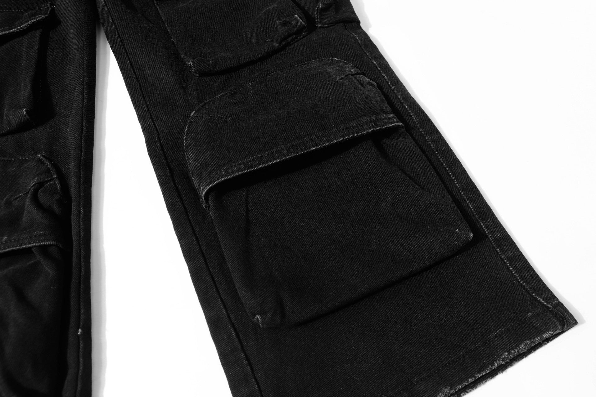 Washed Damage Multi-Pocket Straight Cargo Denim Jeans
