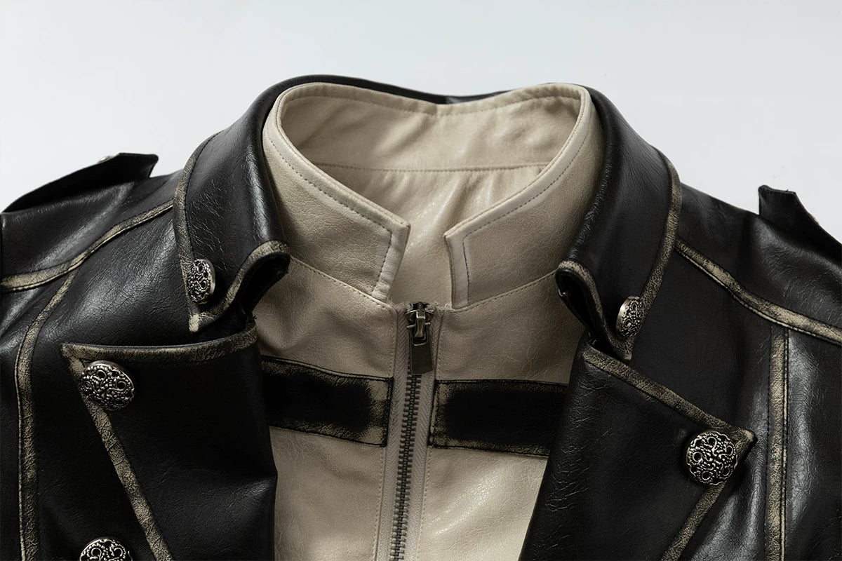 Standing-Collar Belt Detail Fake Fur Cuff PU Leather Jacket