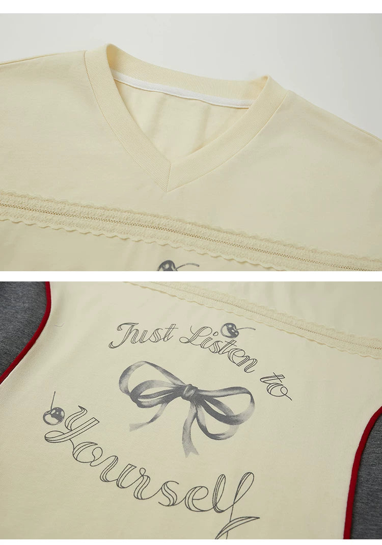 Bow Print V-Neck Short Sleeved T-Shirt