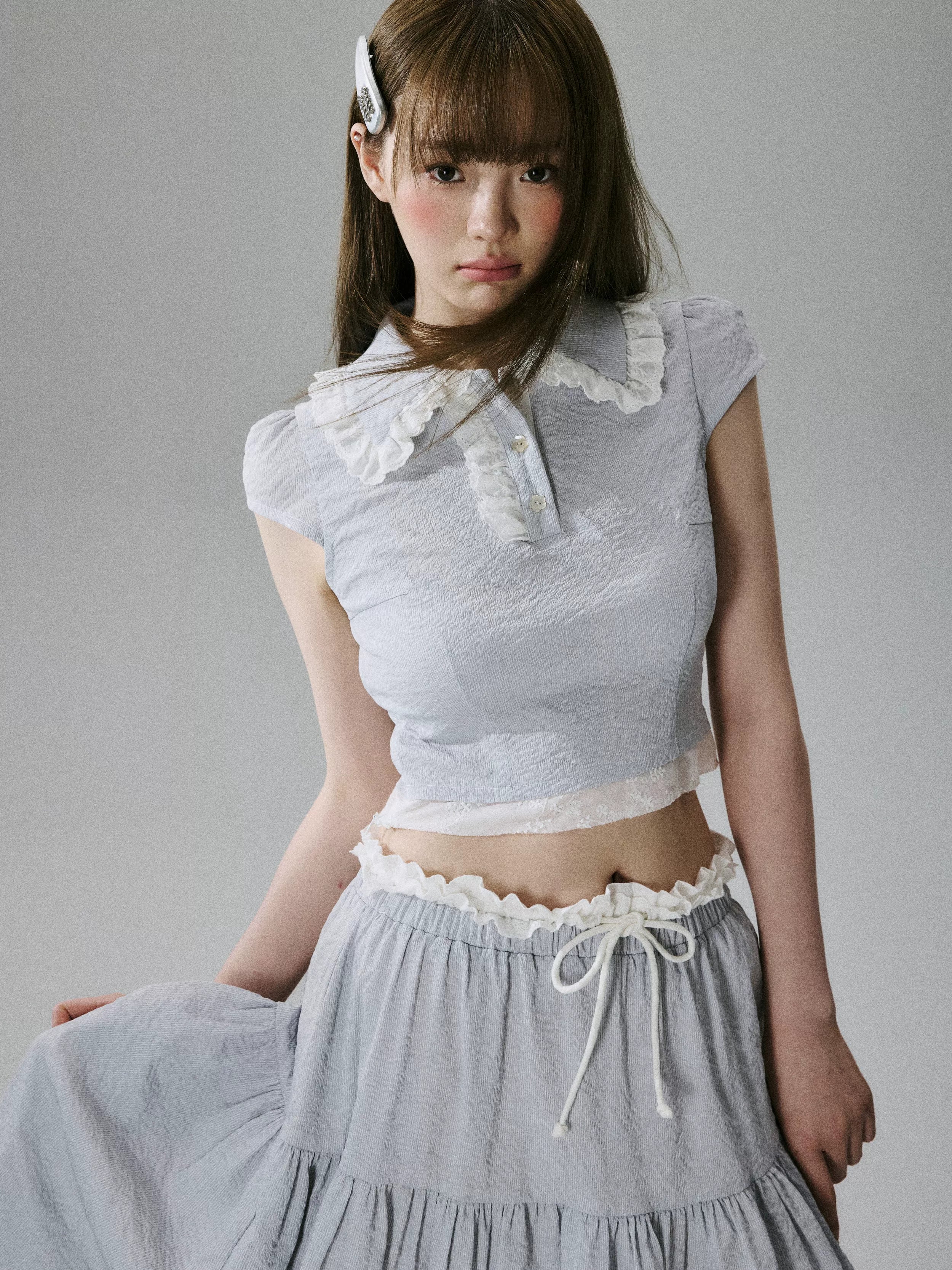 Lace-Trim Short Sleeve Shirt & Drawstring Skirt Setup