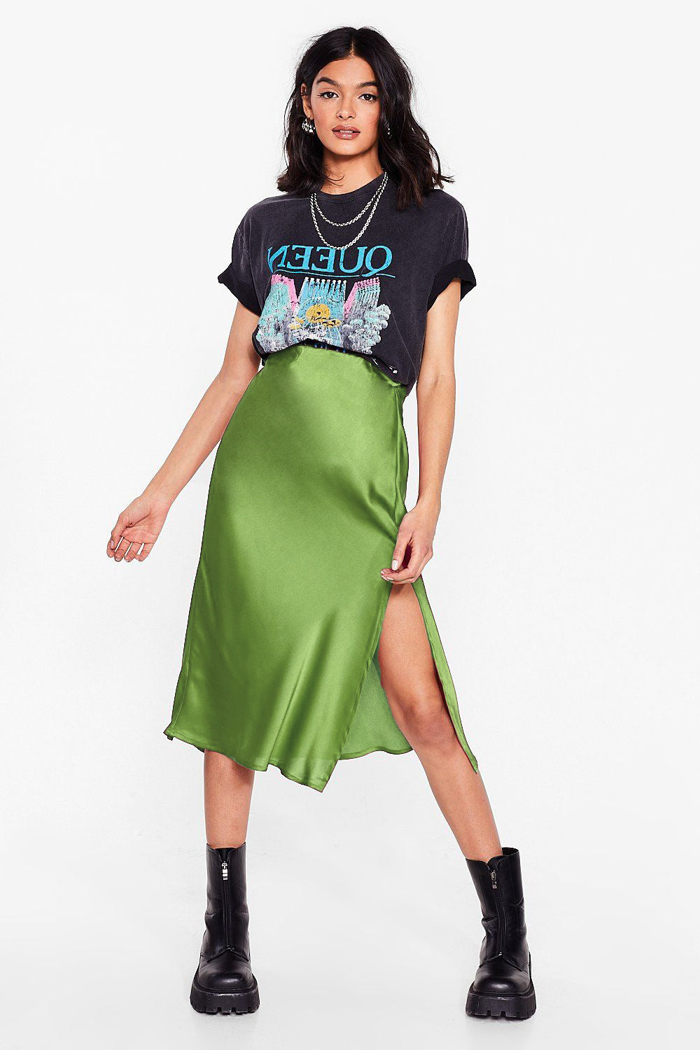Satin High Waist Midi Skirt