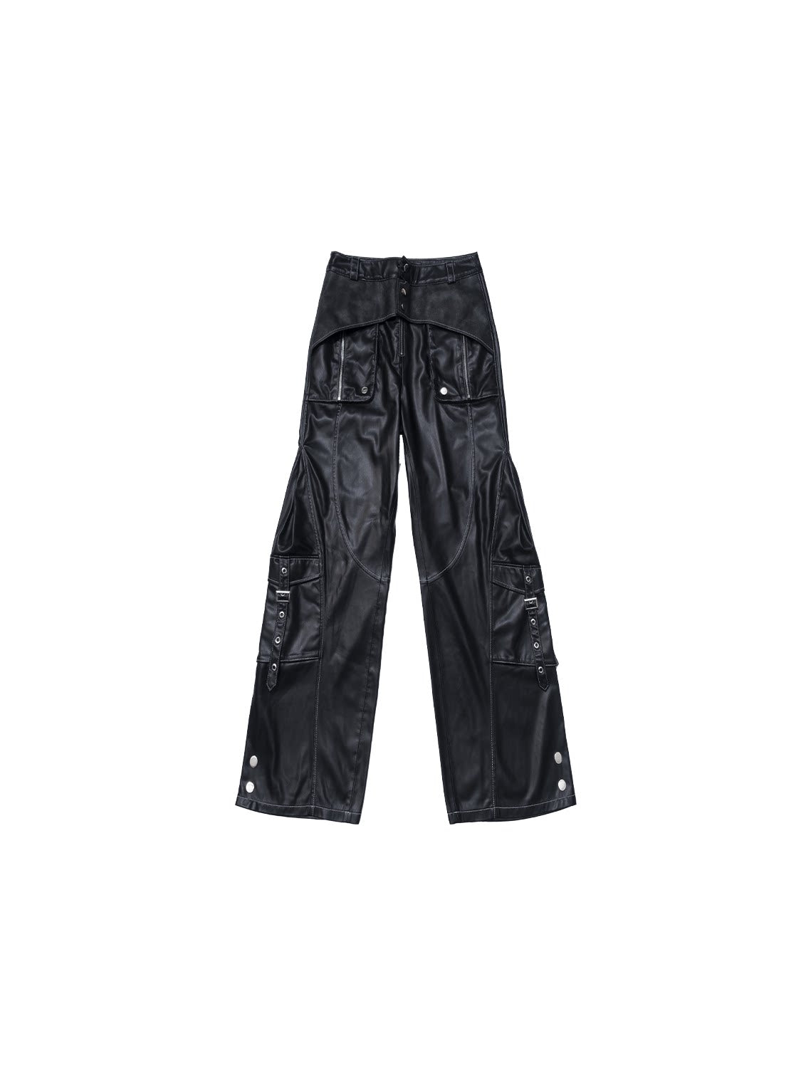 Metal-Embellished Straight-Leg PU Leather Cargo Pants