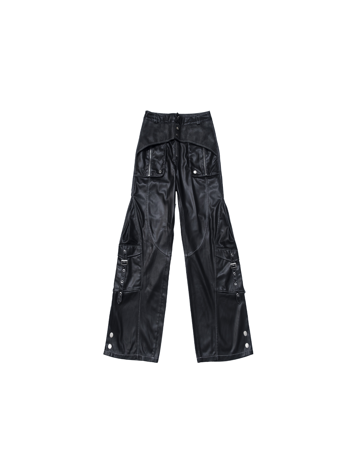Metal-Embellished Straight-Leg PU Leather Cargo Pants