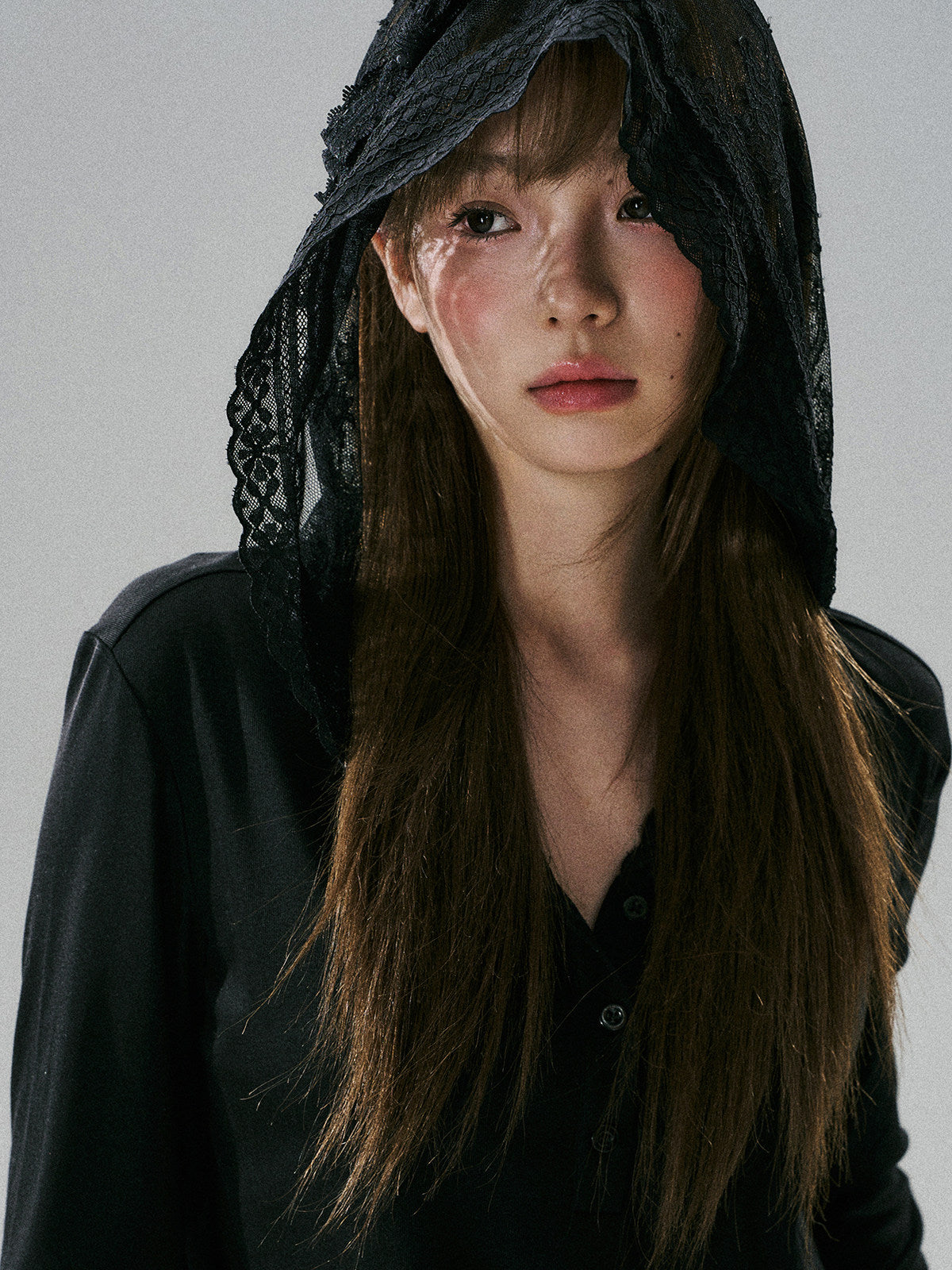 Lace Bow Hooded Long Sleeve Lyocell Shirt