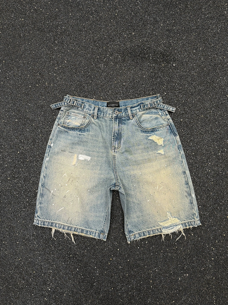 Damage Paint Fade Washed Denim Short