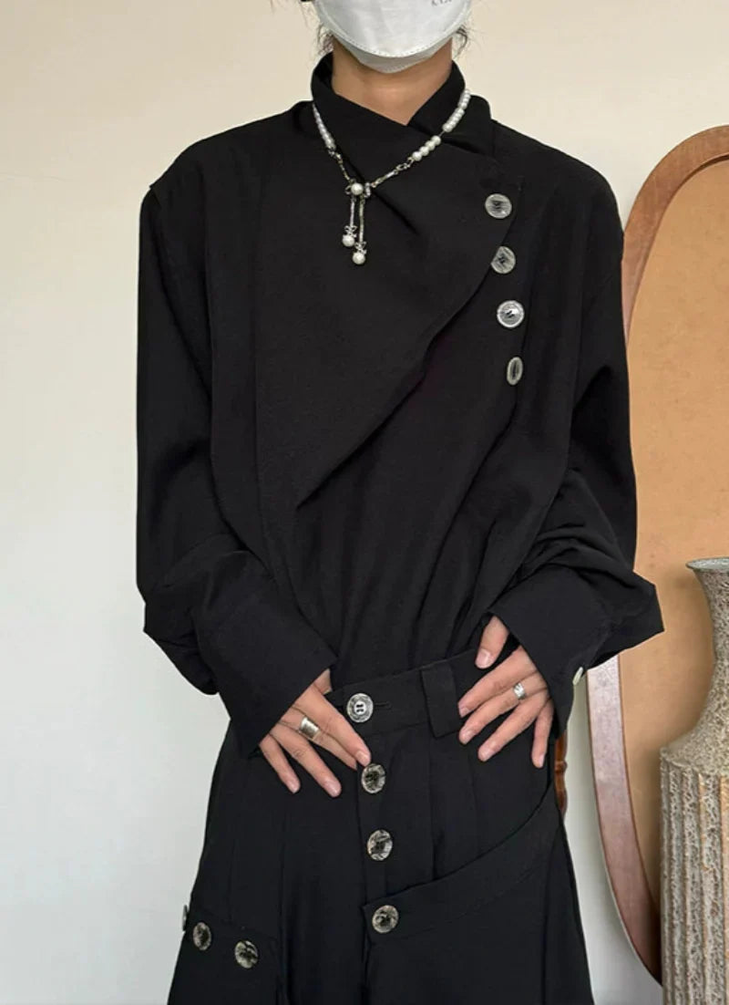 Standing-Collar Irregular Neckline Elegant Long Sleeve Shirt