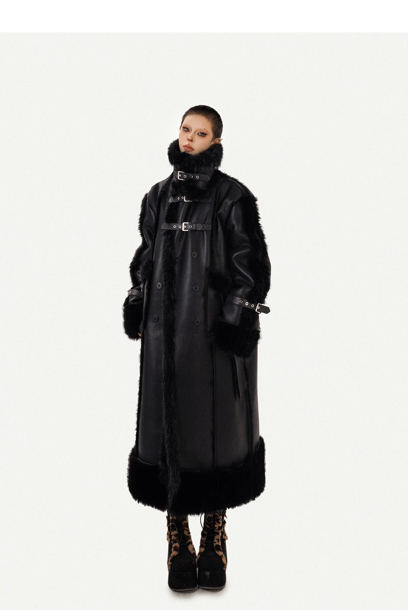 PU Leather Fake Fur Stand Neck Coat