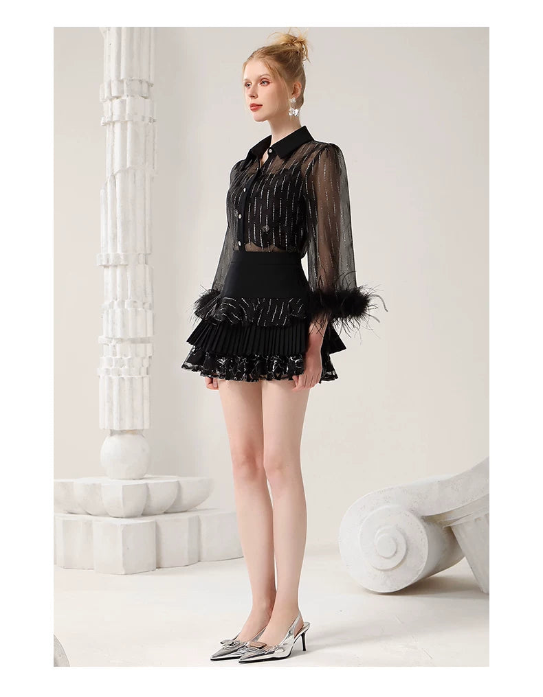 Sheer Shirt & Camisole & Layered Skirt Setup