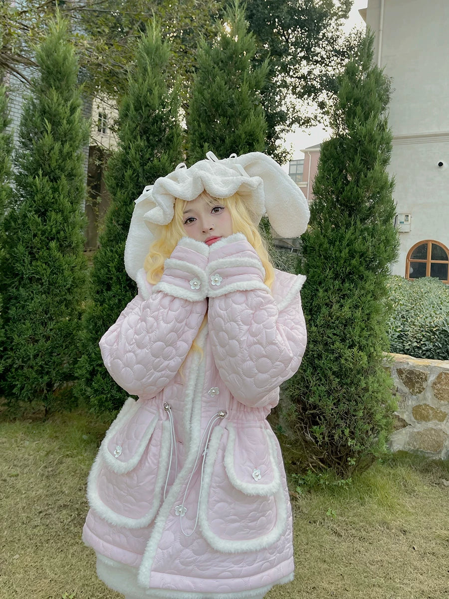 Flower Plush Bow Tie Puffer Jacket
