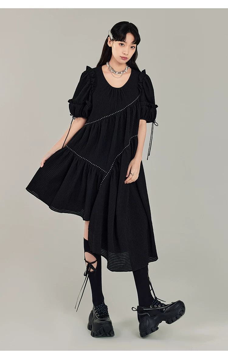 Jacquard Design Short Sleeve Dress With Irregular Hem Length