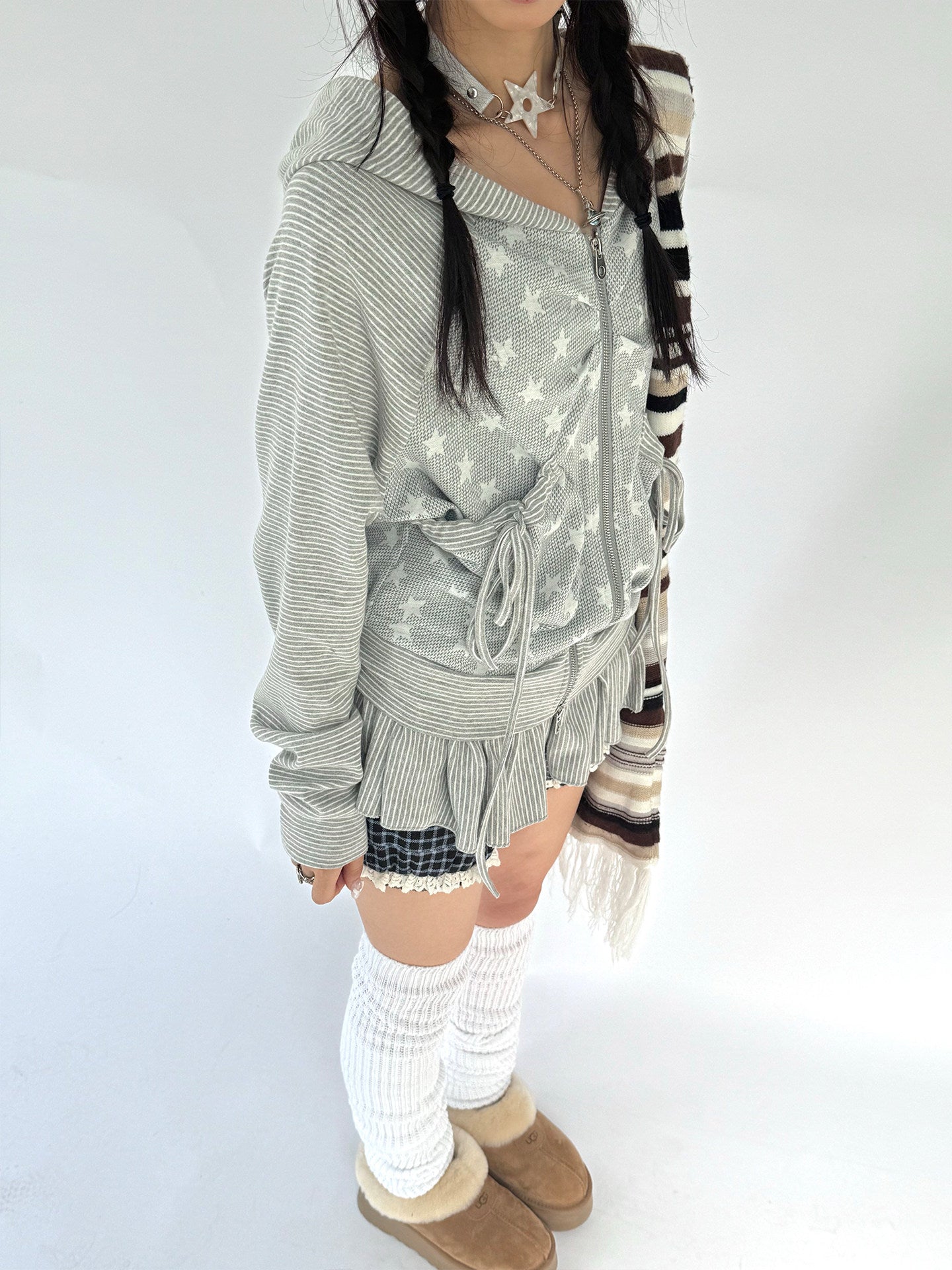 Striped Patchwork Hooded Drawstring Ruffle Jacket & Skirt Setup