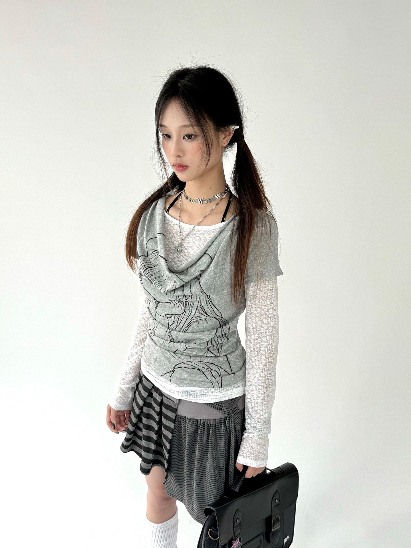 Fake Layered Draped Print Long Sleeve T-Shirt