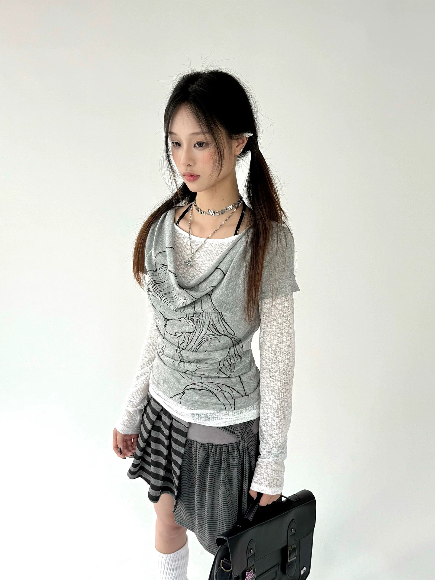 Fake Layered Draped Print Long Sleeve T-Shirt