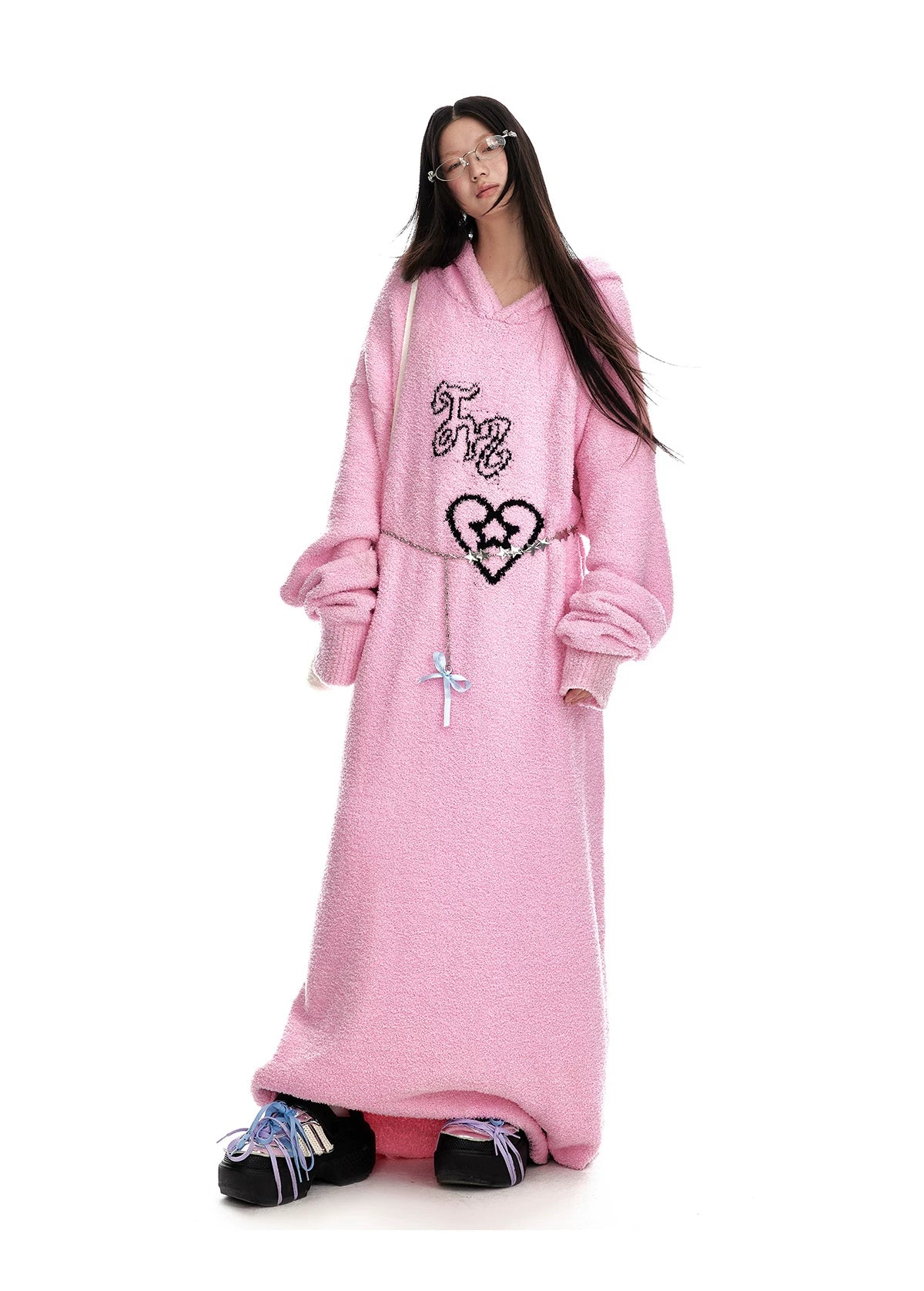 Fuzzy Hooded Knit Sweater Dress