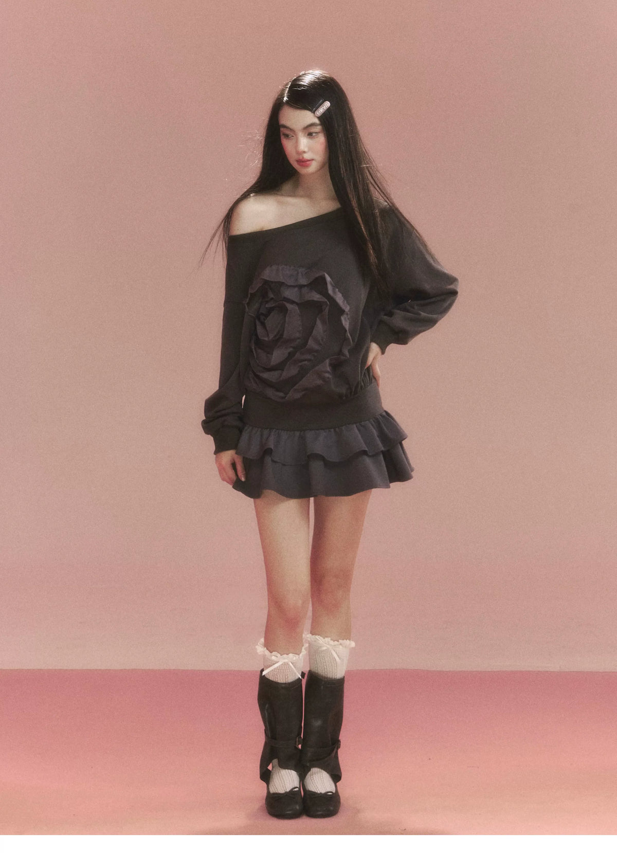 Flower Ruffle Sweatshirt Mix Dress