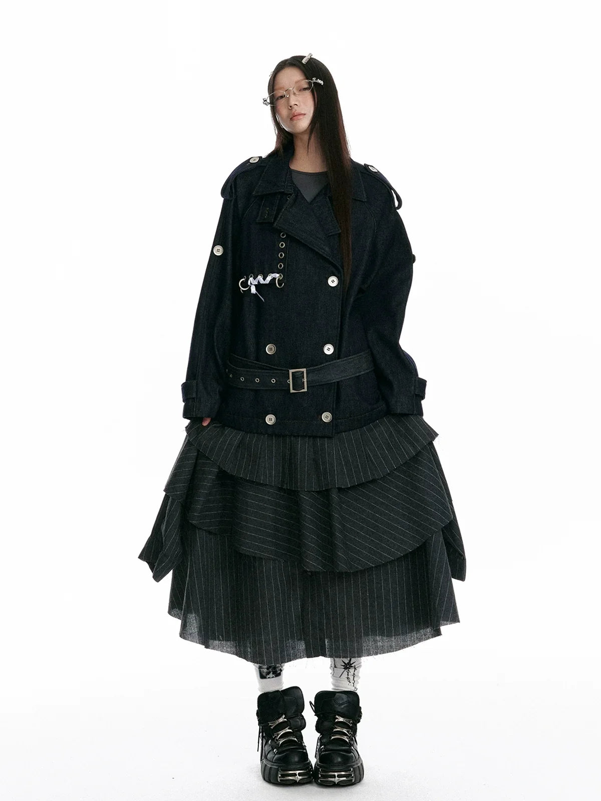 Textured Asymmetrical Striped Midi Ruffle Skirt