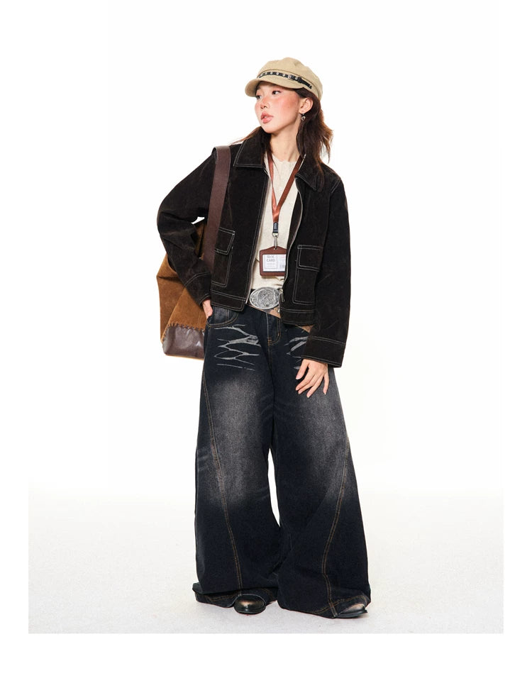 Washed Scratch Detail Wide Leg Denim Jeans