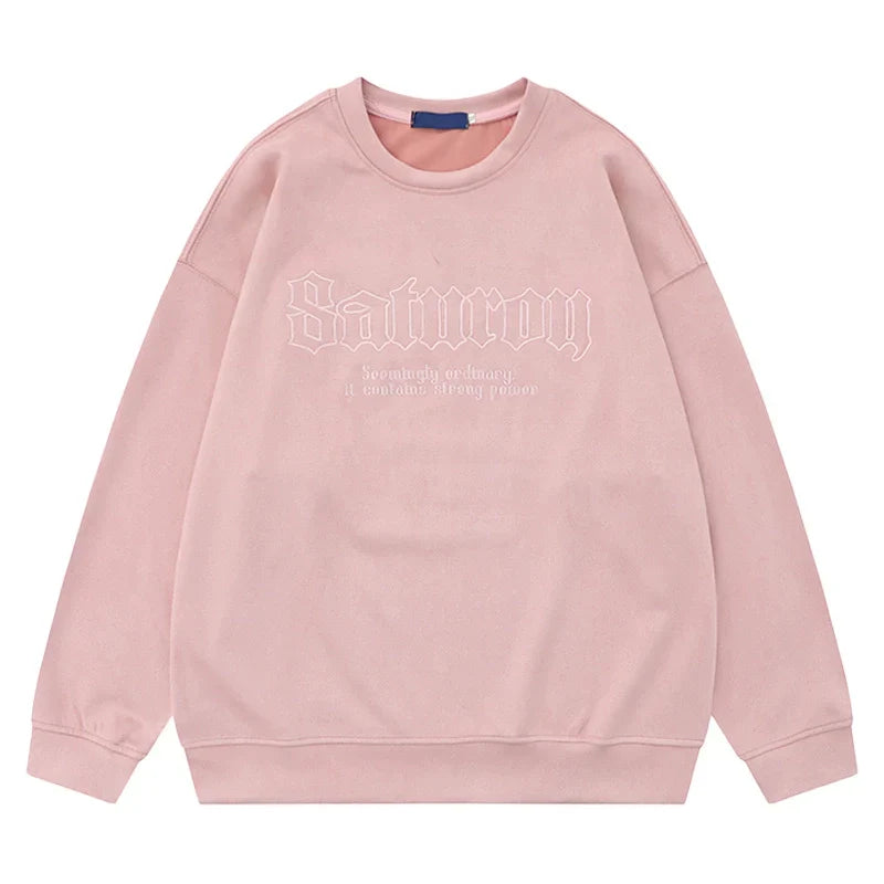 Suede Embroidery Round Neck Oversize Sweatshirt
