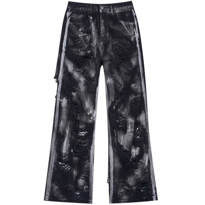 Washed Damage Denim Jacket  & Washed Graffiti Wide-Leg Denim Jeans Setup