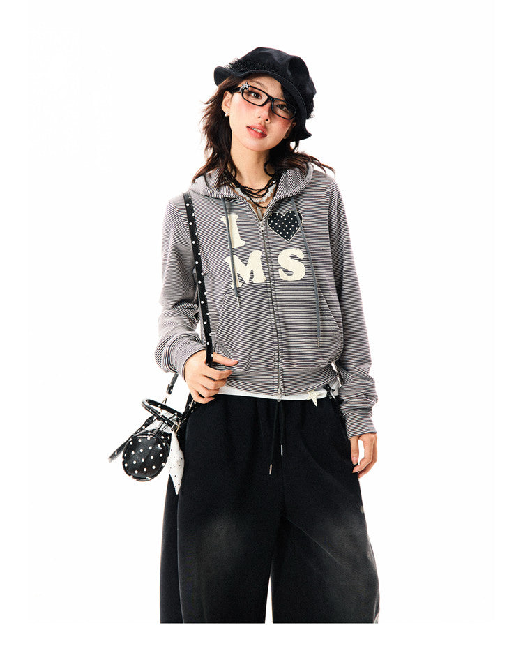 Heart Letter Print Stripe Cropped Zipper Hoodie