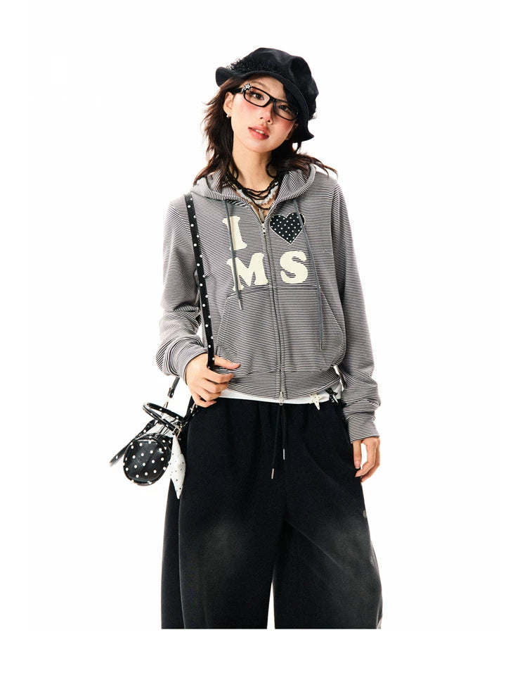 Heart Letter Print Stripe Cropped Zipper Hoodie