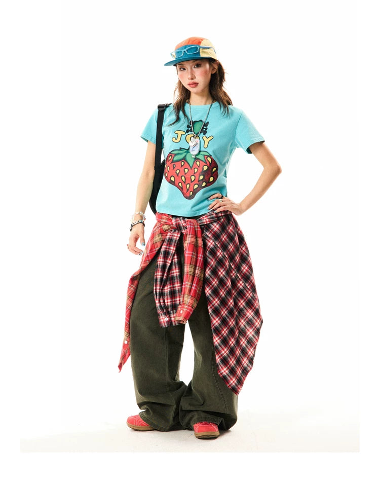 Strawberry Print Cropped Short Sleeve T-Shirt