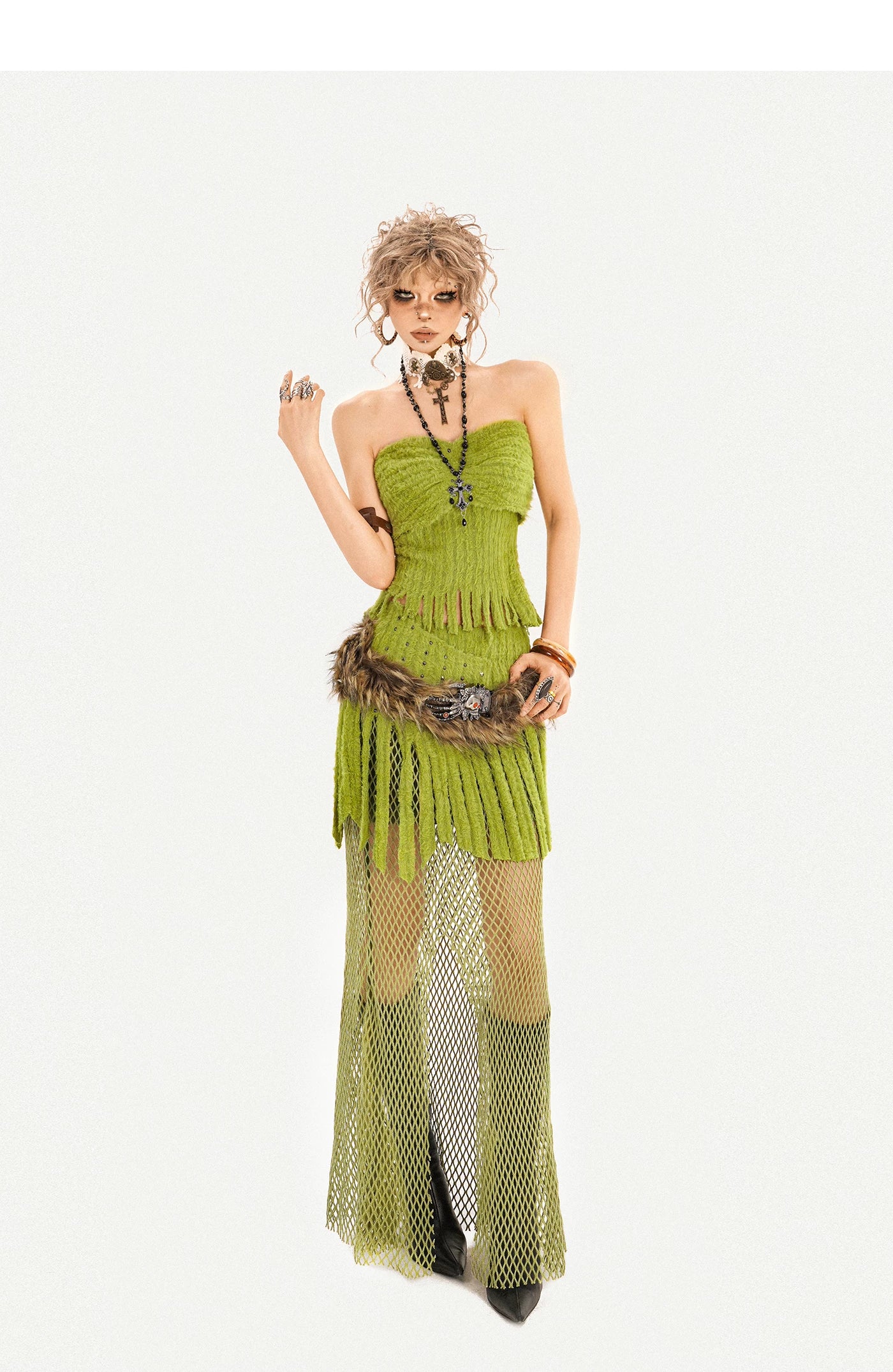 Fake Fur Patchwork Mesh Knit Cardigan & Tube Top & Mesh Long Skirt Setup