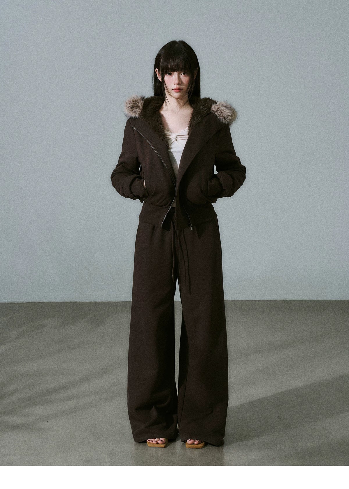 Fake Fur Hooded Zip-Up Jacket & Seatpants Setup