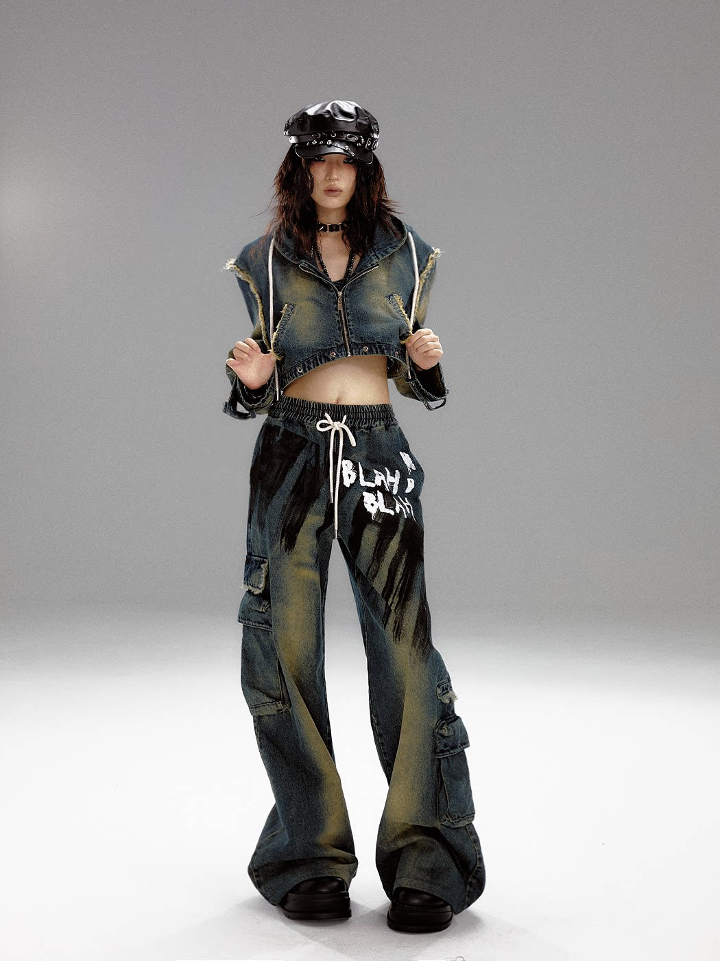 Washed Graffiti Wide-Leg Straight Dnim Jeans