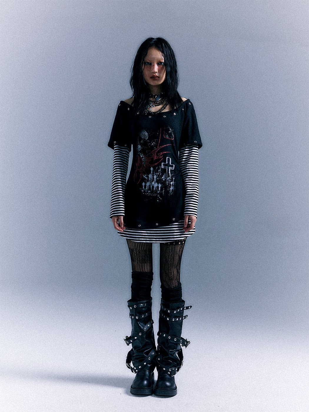 Light Punk Stripe Long Sleeve Graphic Waist-Cinching T-Shirt Dress