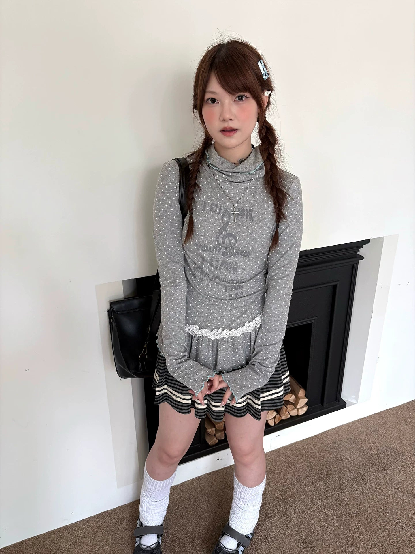 Polka Dot Lace High-Neck Long Sleeve T-Shirt