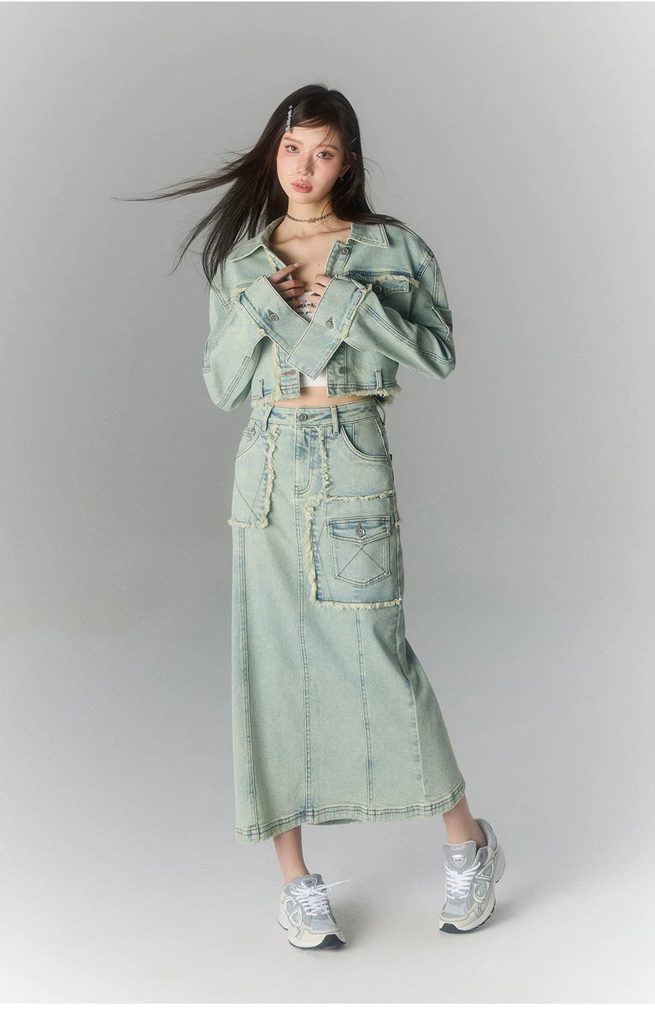 Washed Large Pocket Denim Long Skirt