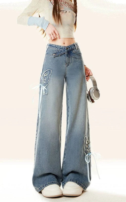 Jeans de perna larga vintage com estampa de borboleta azul de início de primavera - Azul / PP