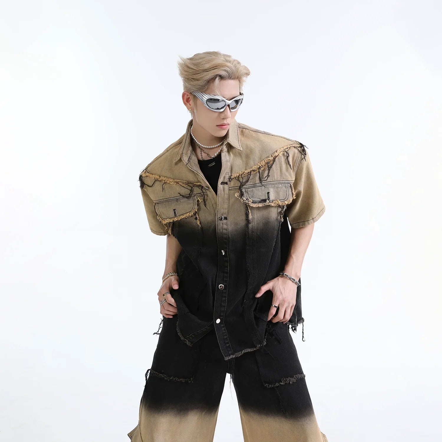 Washed Gradient Short Sleeve Denim Jacket & Wide-Leg Straight Denim Jeans Setup